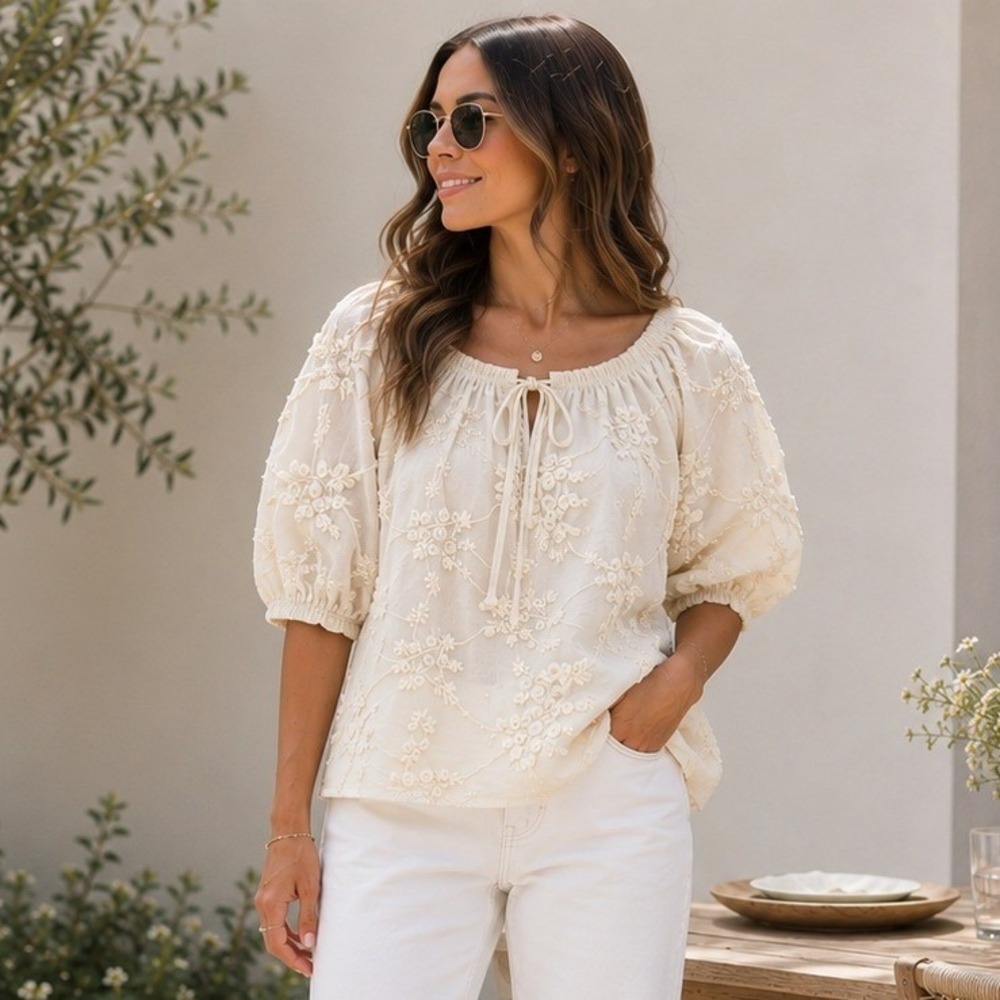 Kindred Womens Embroidered Peasant Top S Ivory Cotton Boho Cottagecore Romantic